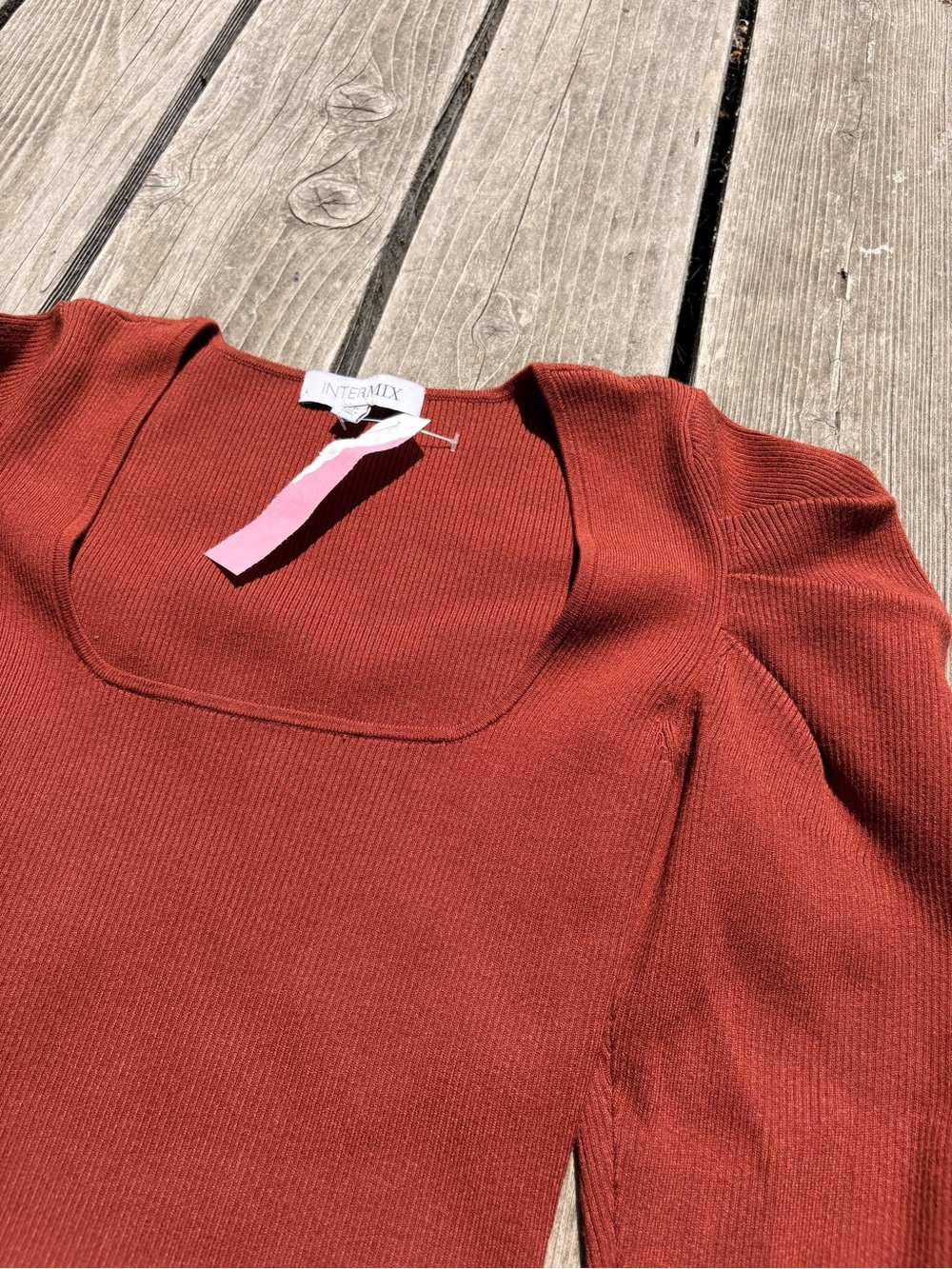 Intermix Rust Square-Neck Puffed Sleeve Ribbed Women's Sweater